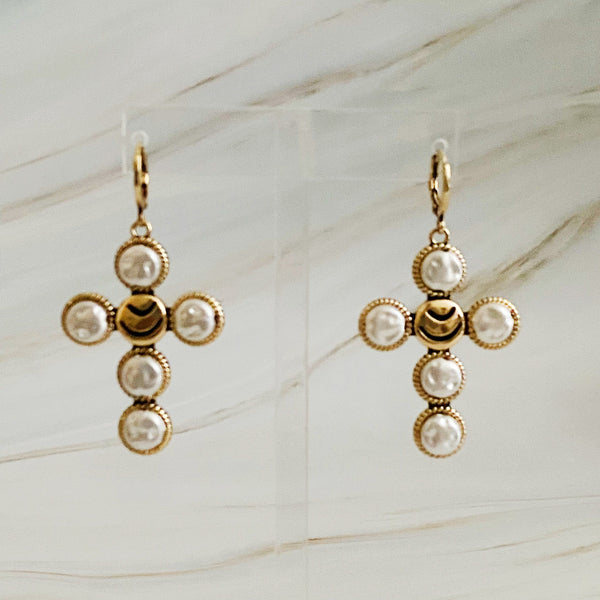 Pearl Cross Drop Earrings