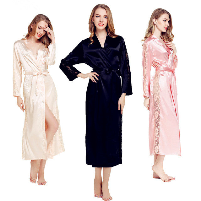 Women's Satin Lace Trim Sleepwear Robe and Pajamas