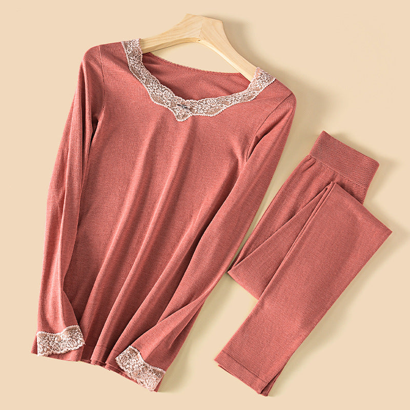 Wool Thermal Underwear Set for Women - Long Sleeve Lace