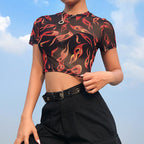 Flame Short Sleeve Sheer Cropped Top