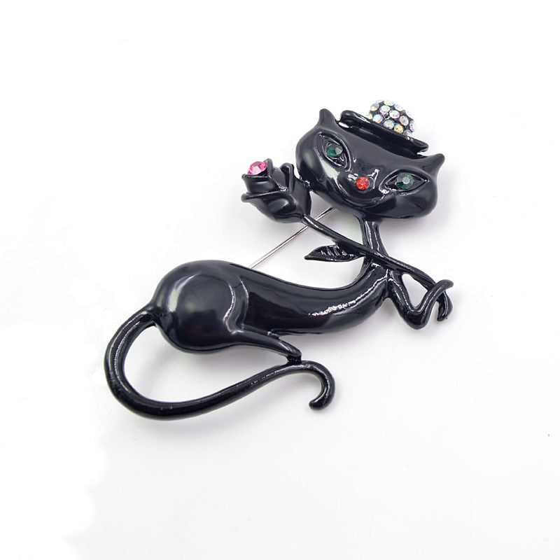 Korean Black Cat Brooch with Rose Design
