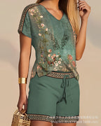 2023 Women's V-Neck Top and Shorts Casual Set