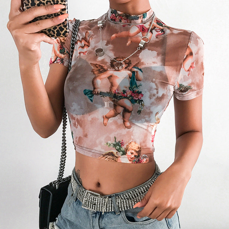 Angel Print Sheer Short Sleeve Crop Top