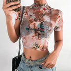 Angel Print Sheer Short Sleeve Crop Top