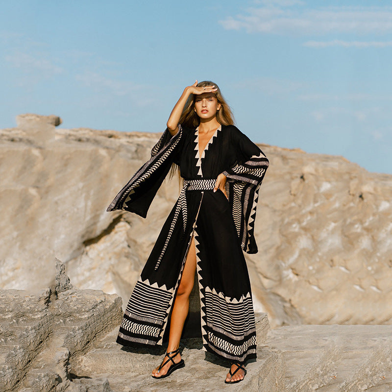 Botanical Print Long Kimono Beach Cover-Up