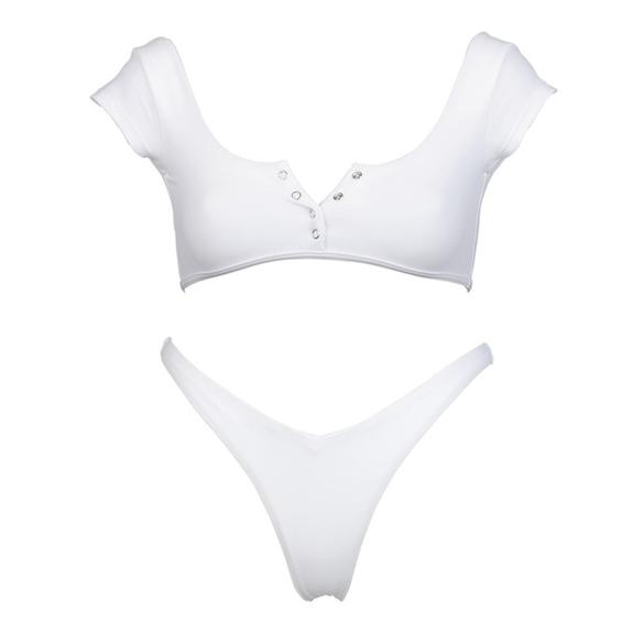 Short-Sleeve Crop Top Bikini Set