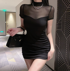 Sexy Black Mesh Panel Pencil Dress with Round Neck