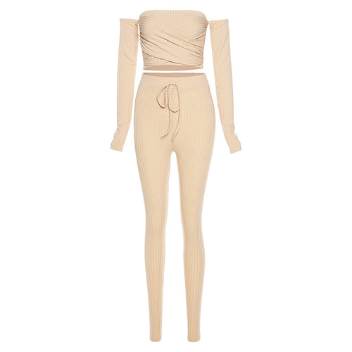 2020 Women's Off-Shoulder Crop Top & High-Waist Pants Set