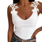 Lace Petal Tank Top - Oversize V-Neck Casual T-Shirt