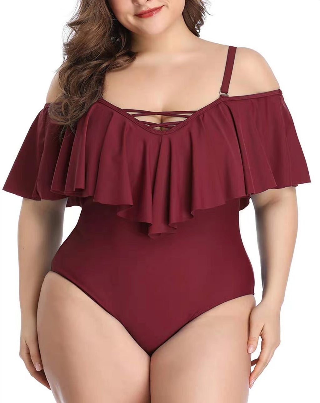 Off-Shoulder Ruffle Plus Size One-Piece Swimsuit