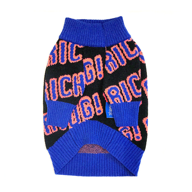 Dog Turtleneck Sweater with RICH Slogan Knit - Warm Winter Pet Pullover for Small and Medium Dogs, Blue Streetwear Puppy Sweater