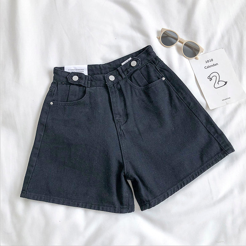 Retro Solid Color High-Waisted Denim Shorts for Women