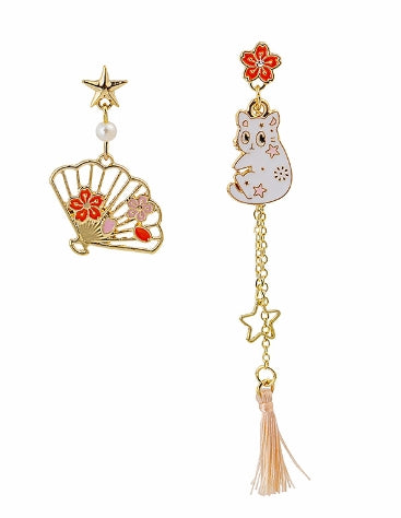 Cat and Cherry Blossom Enamel Earrings