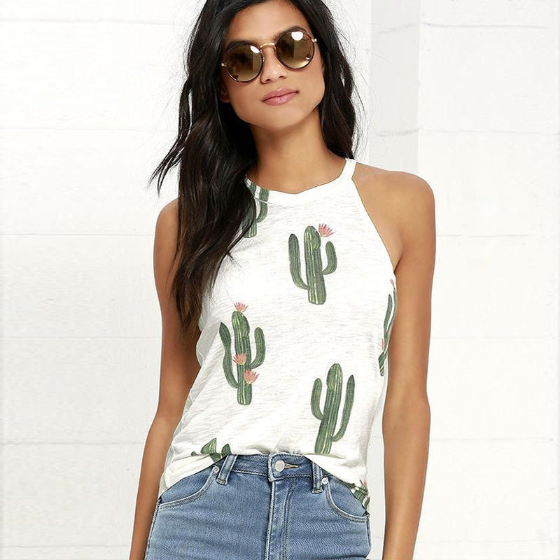 Fashionable Sleeveless Round Neck Cactus Print Tank Top