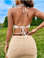 Embroidered Knit Halterneck Crop Top Vest