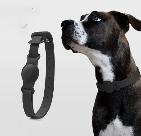 Adjustable Pet Collar with Tracker Holder Case, PU Leather Cat and Dog Collar with Protective Cover for Round Item Trackers