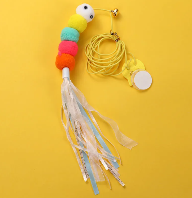 Hanging Cat Teaser Toy Self-Play Feather Bug Wand with Suction Cup Bell & Ribbon Elastic String Kitten Toy