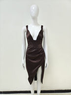Corset V-Neck Satin Mini Dress with High Slit