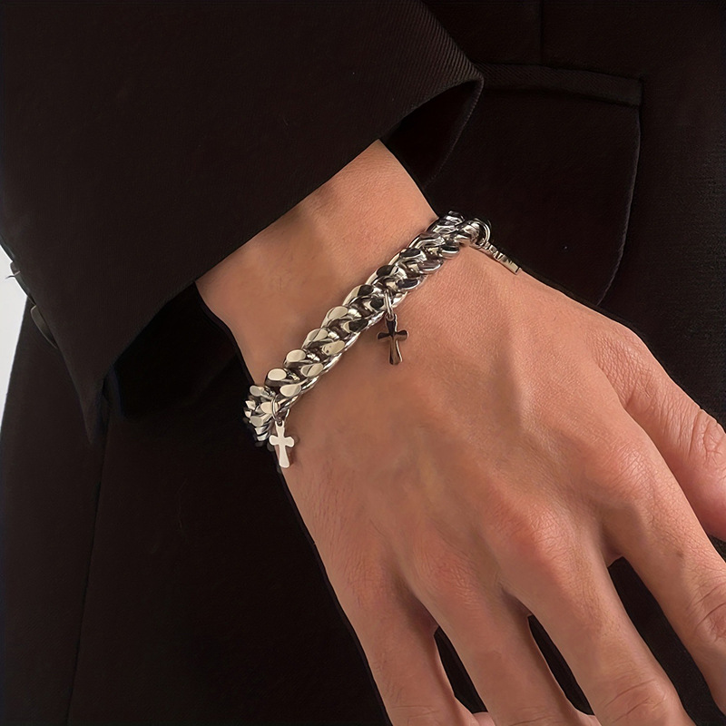 Titanium Steel Cross Charm Cuban Bracelet