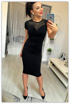 Sexy Black Mesh Panel Pencil Dress with Round Neck