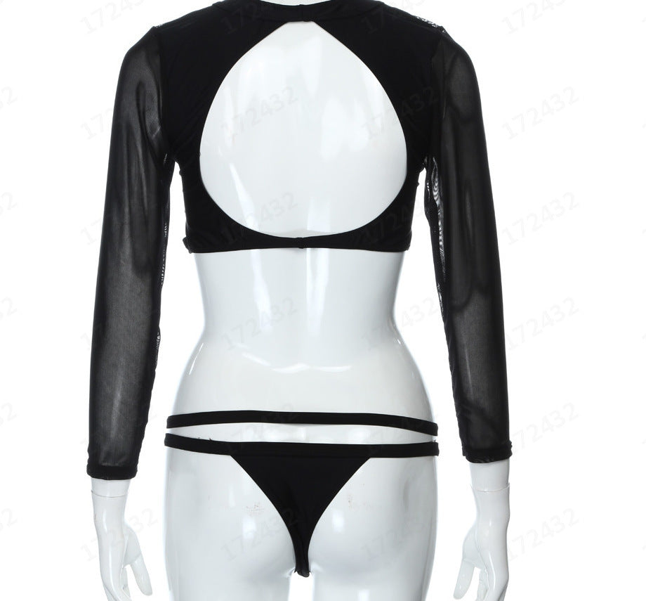 Black Mesh Cut-Out Long-Sleeve Bikini Set
