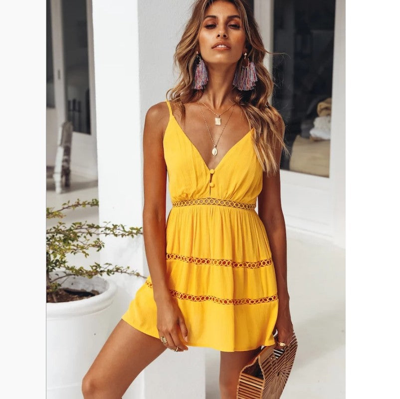 Summer Solid Color Spaghetti Strap Dress in Yellow