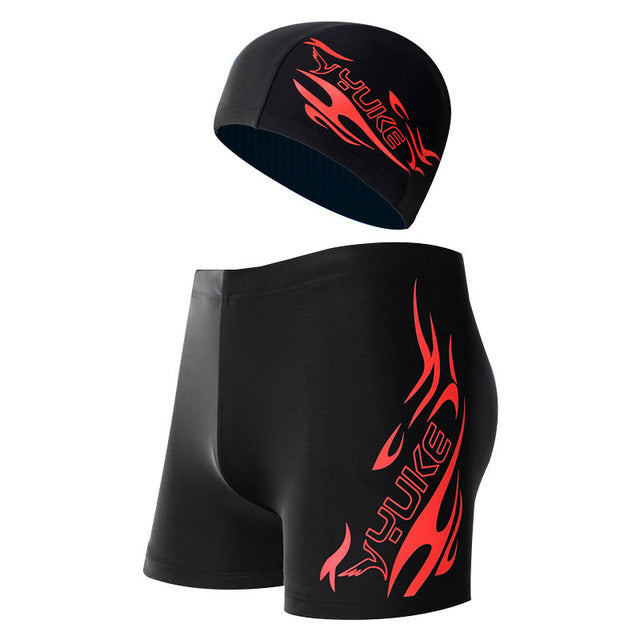 Men's Flame Print Swim Trunks and Cap Set