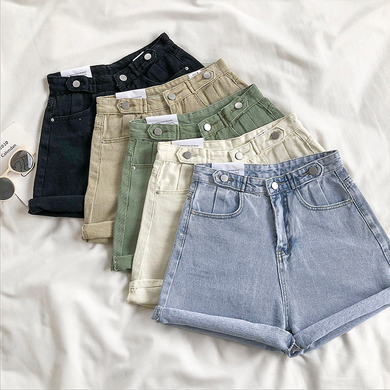 Retro Solid Color High-Waisted Denim Shorts for Women