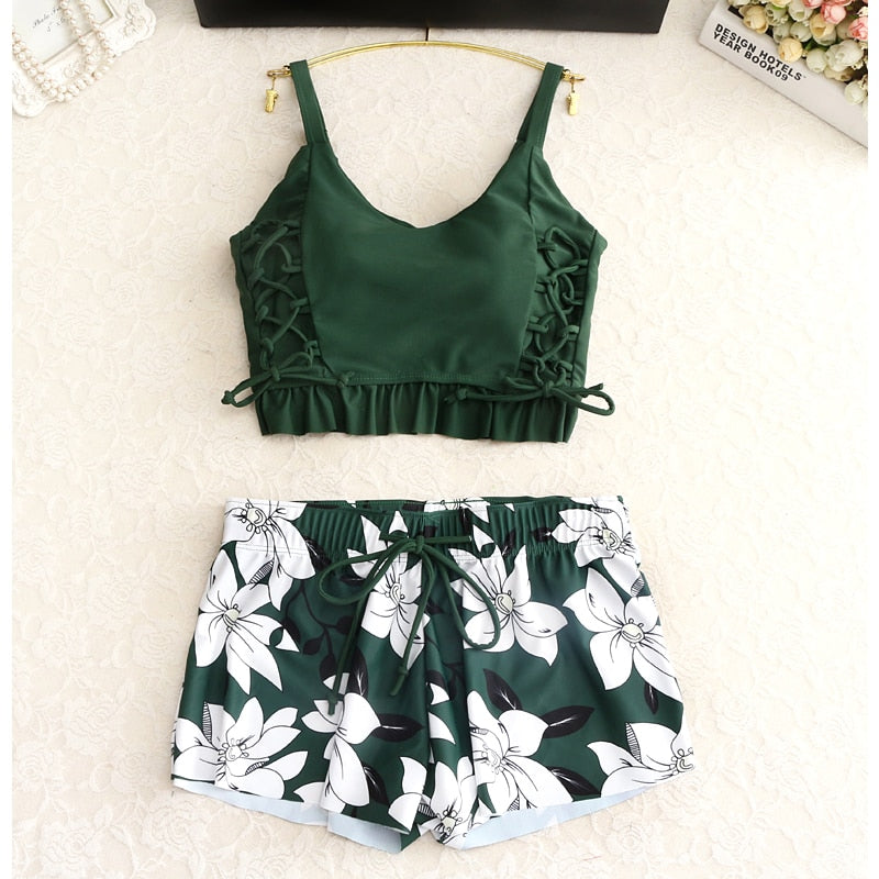 Retro Green Three-Piece Swimsuit Set