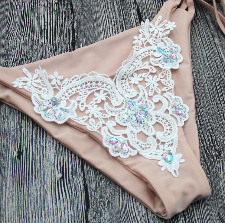 Rhinestone Lace Tie-Side Bikini