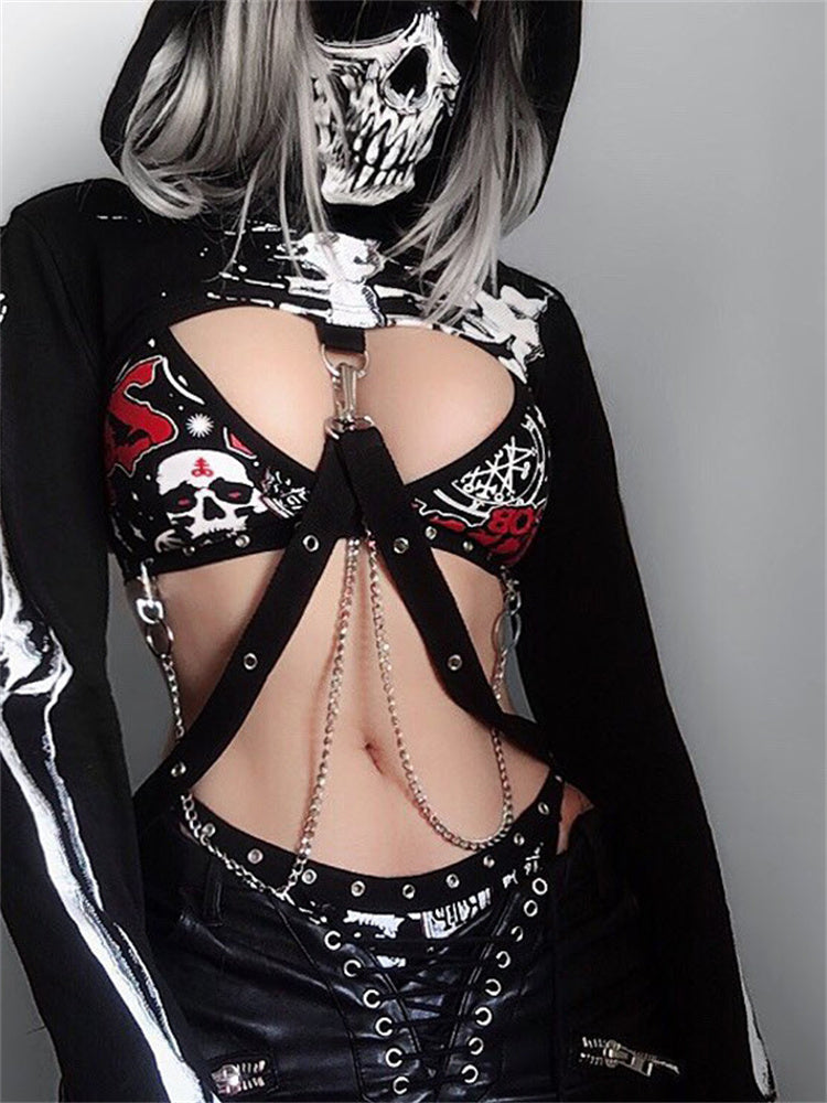 2022 Black Women's Punk Hooded Skull Crop Top Sweatshirt | Streetwear