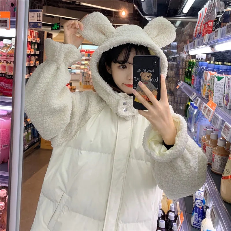 Women's Teddy Bear Parka with Faux Fur Patches