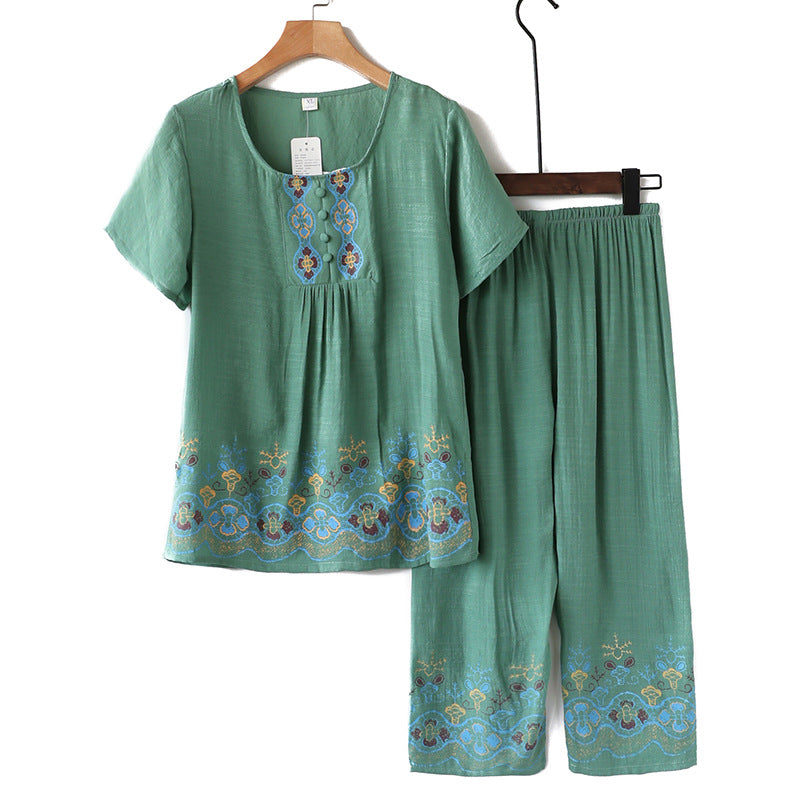 Cotton Linen Short Sleeve Set for Elderly Sleepwear