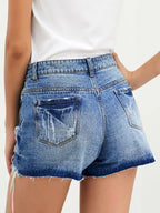 Blue High Rise Distressed Ripped Denim Shorts for Women