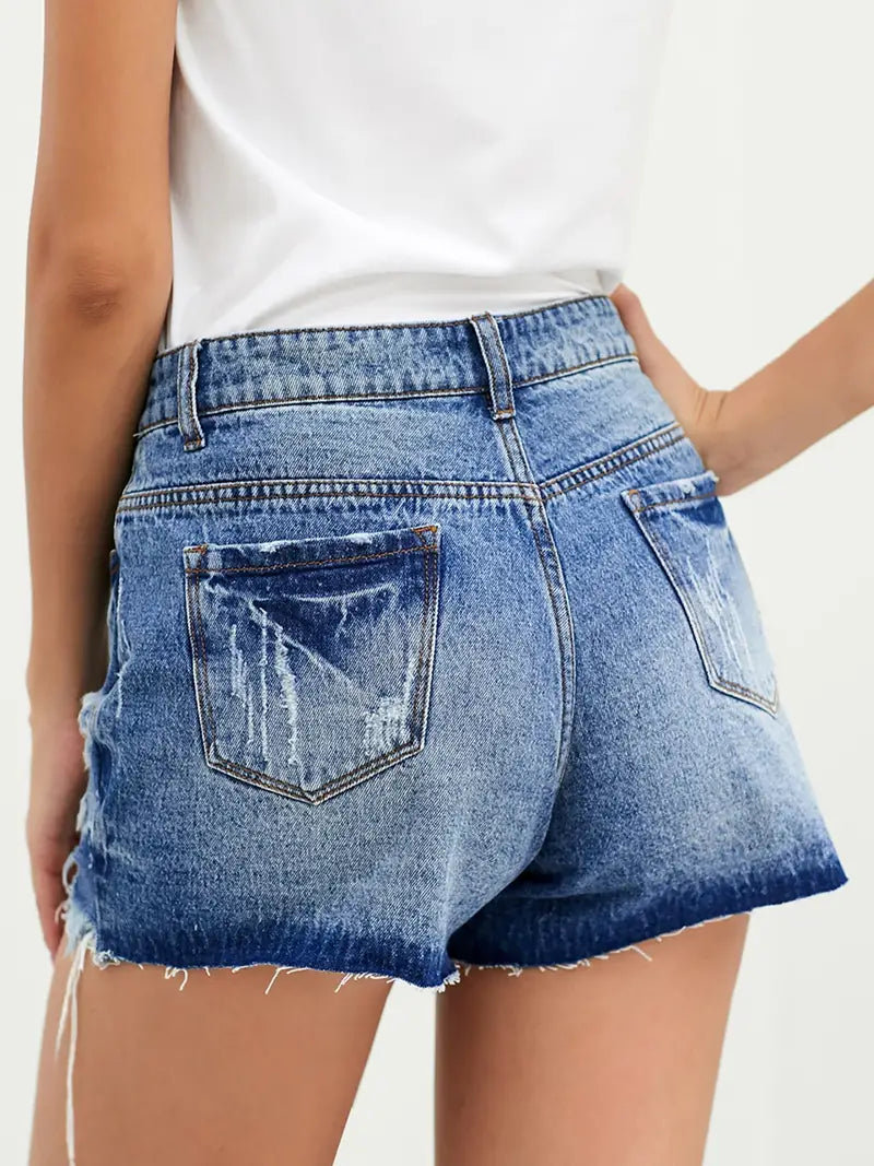 Blue High Rise Distressed Ripped Denim Shorts for Women