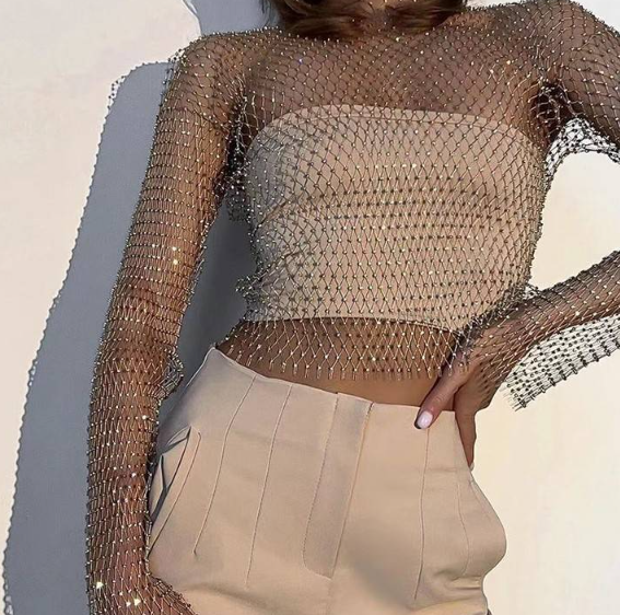 Rhinestone Fishnet Mesh Crop Top for Women (One Piece)