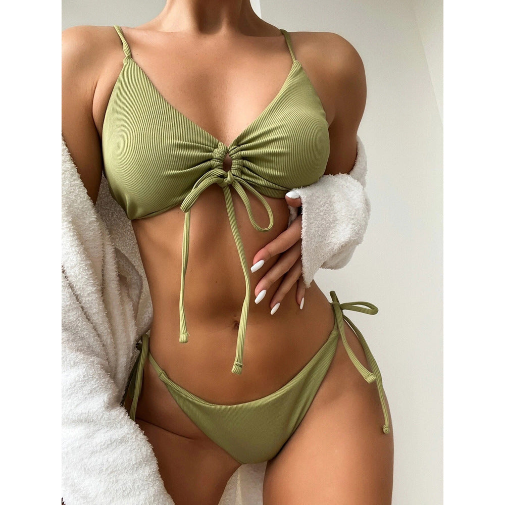 Mint Ribbed Tie-Front Drawstring Bikini Set