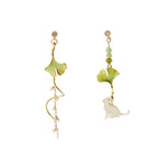 Ginkgo Leaf and Cat Drop Earrings