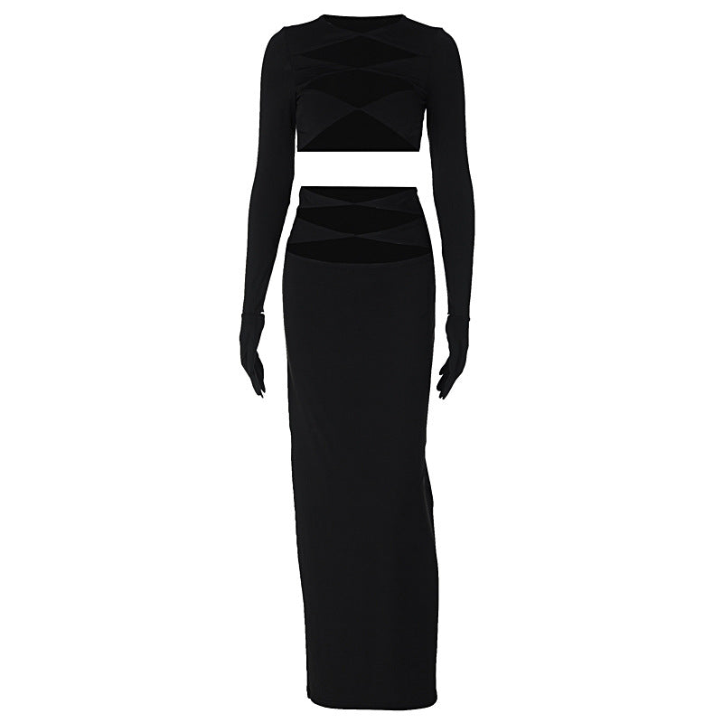 2023 Women's Fashion Hollow Crop Top and Skirt Set