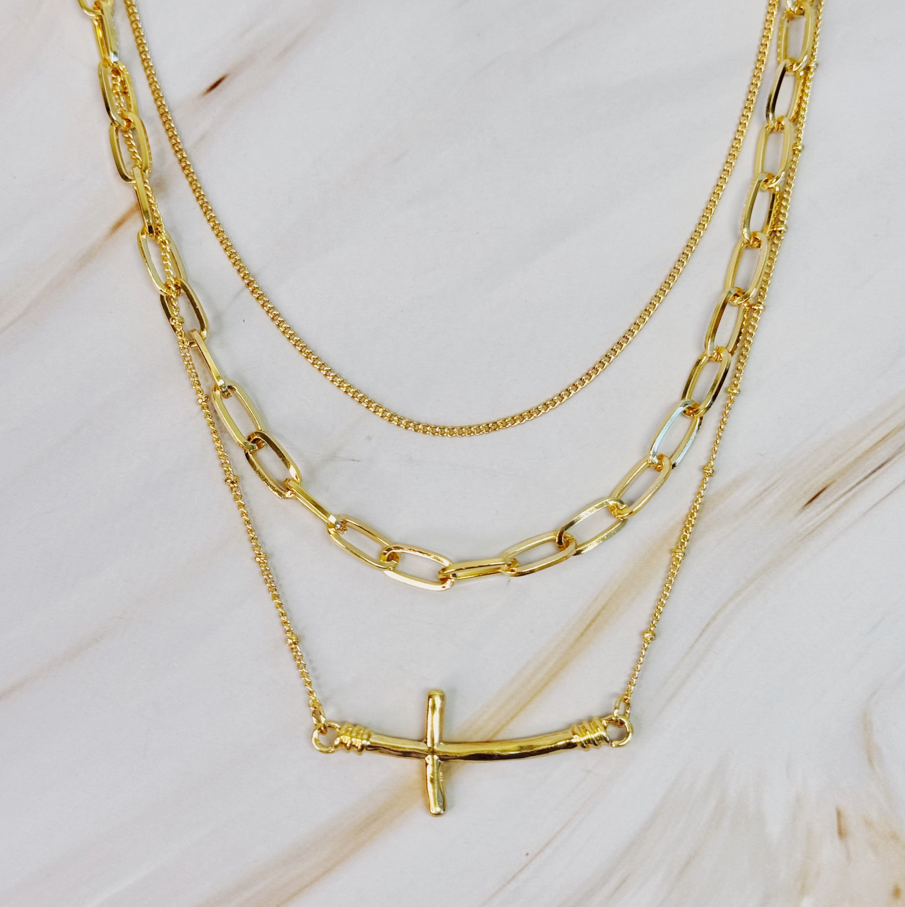 Side Hanging Cross Layered Chain Necklace | Christian Jewelry