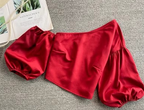 Oblique Collar Off-Shoulder Puff Sleeve Crop Top
