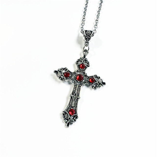 Silver Gothic Cross Necklace with Red Crystals