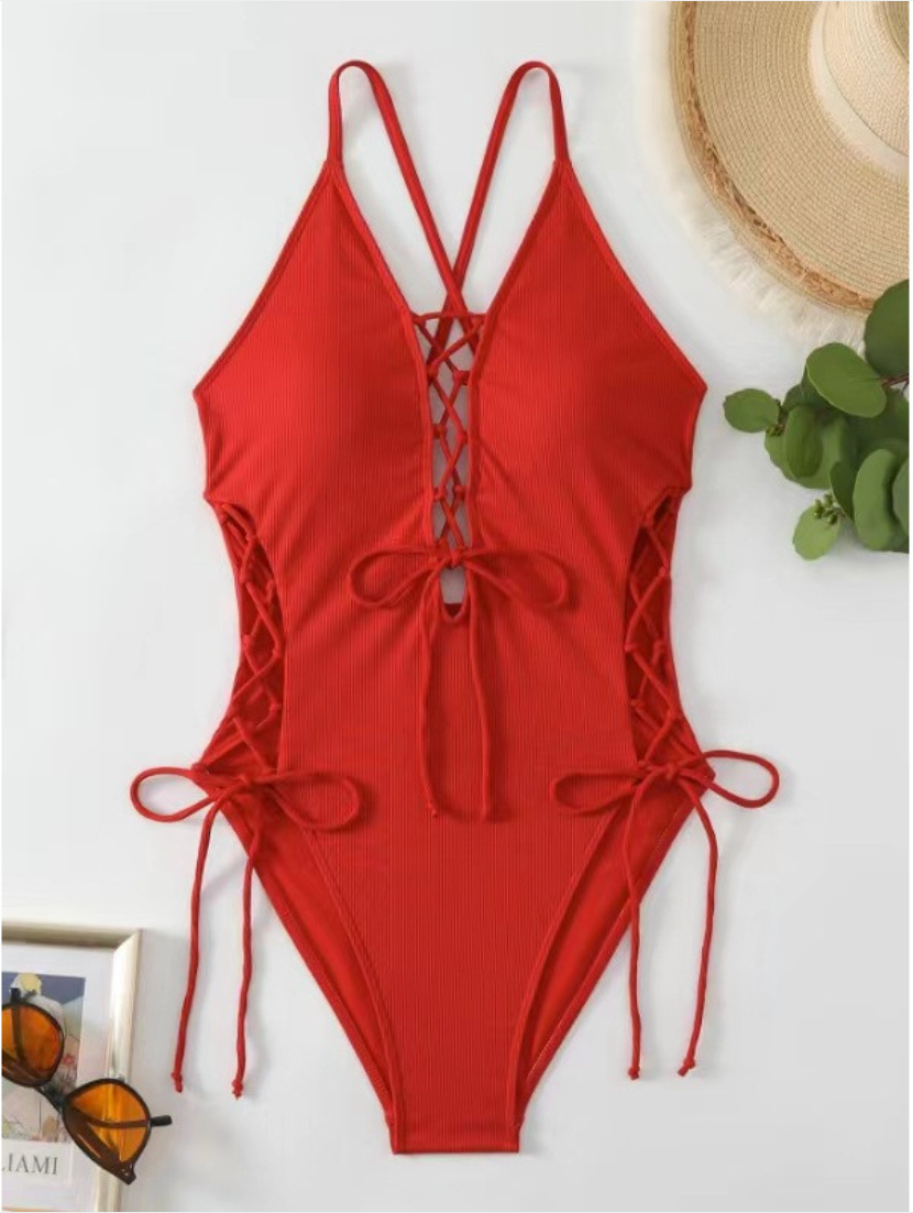 Women's Ribbed Lace-Up Plunge One-Piece Swimsuit