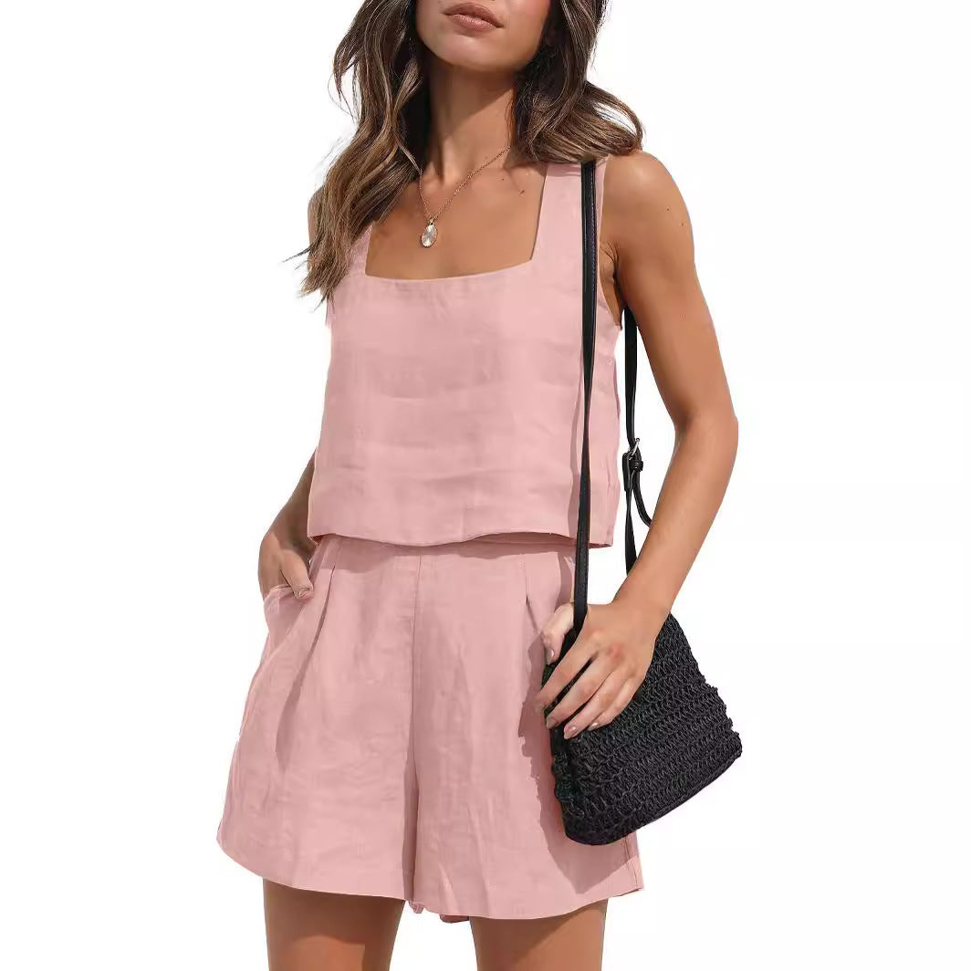 Women's Casual Cotton-Linen Two-Piece Set with Shorts