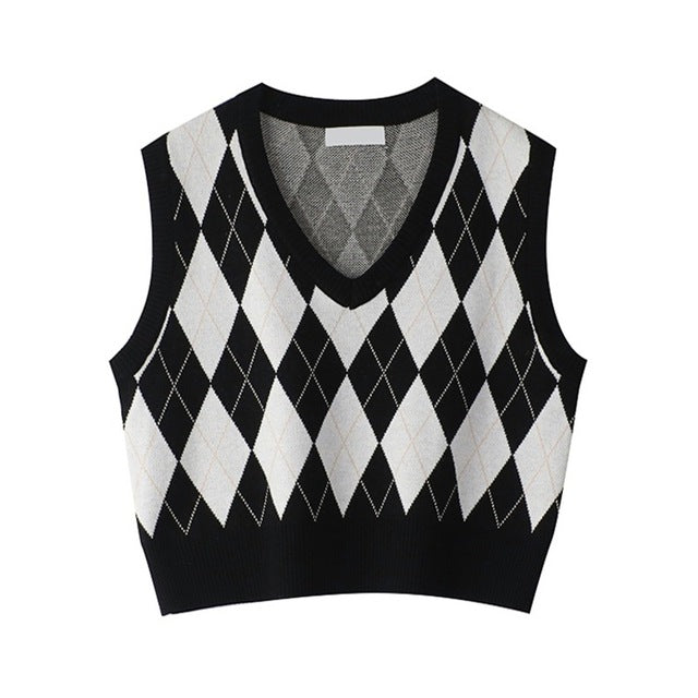 Vintage Plaid V Neck Sweater Tank Top for Women