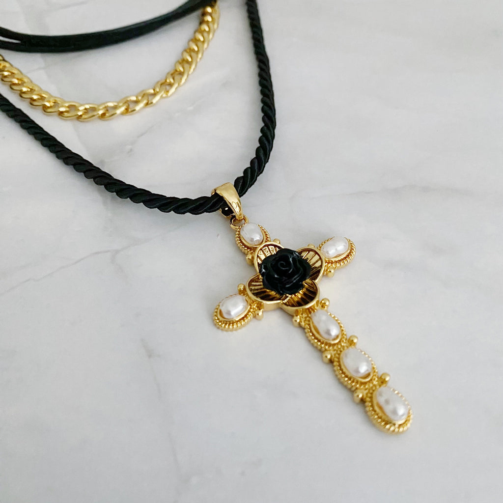 Layered Black Rose Cross Necklace | Christian Jewelry