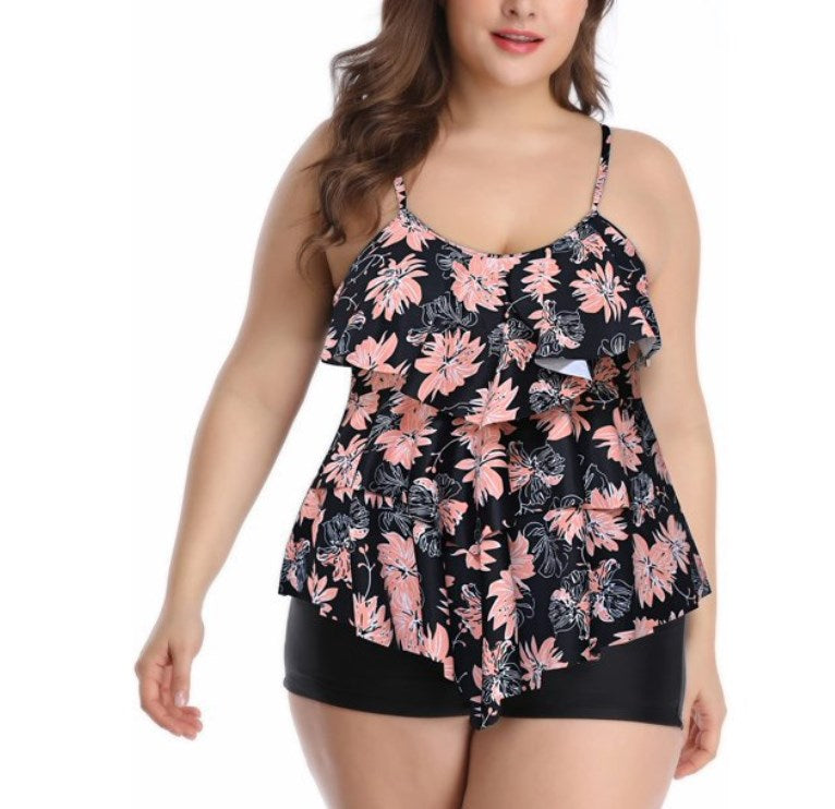 Plus Size Floral Halter Skirted Swim Dress