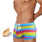 Men's Rainbow Stripe Drawstring Swim Trunks