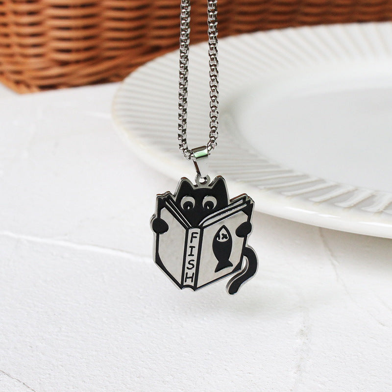 Black Cat Reading Fish Book Pendant Necklace