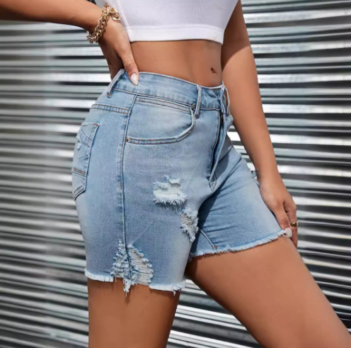 Women's High Waist Denim Shorts with Ripped Pockets